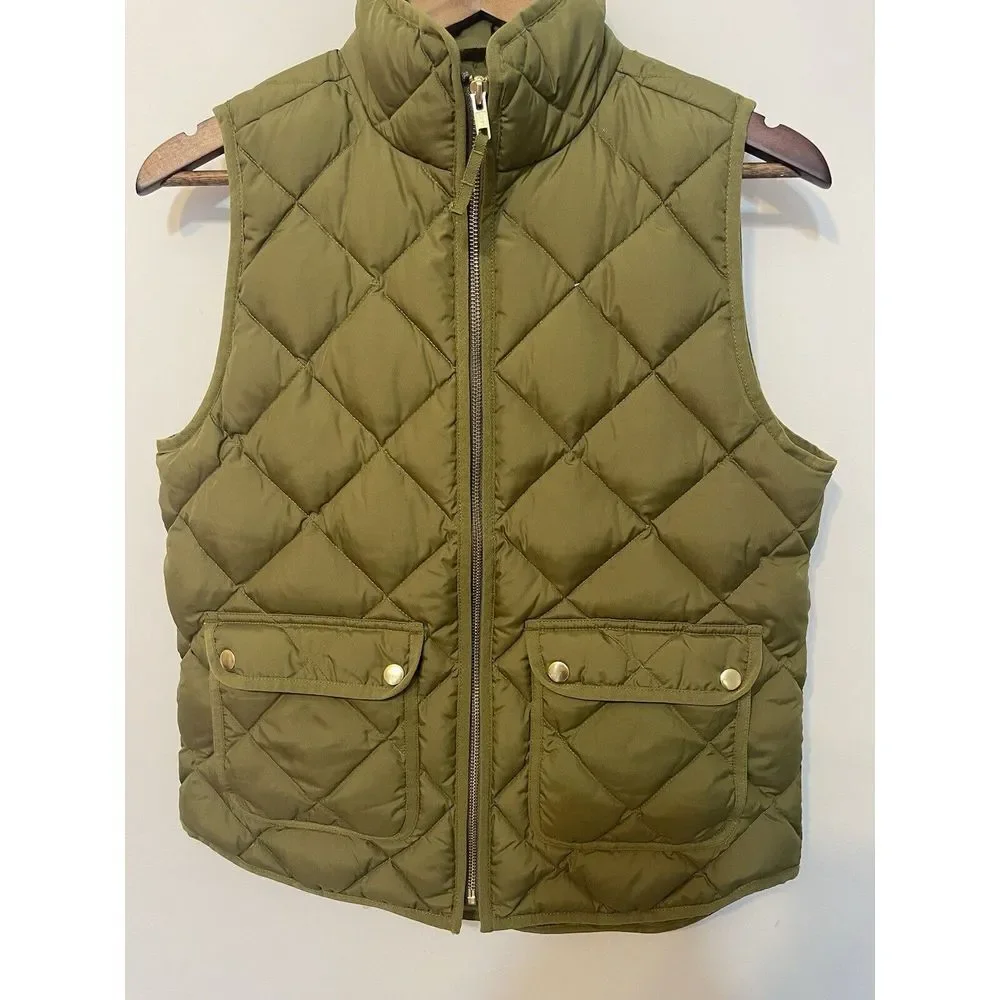 J Crew Vest‎ Womens S Olive Green Quilted Excursion Down Vest Hiking  B0109 - Picture 2 of 11
